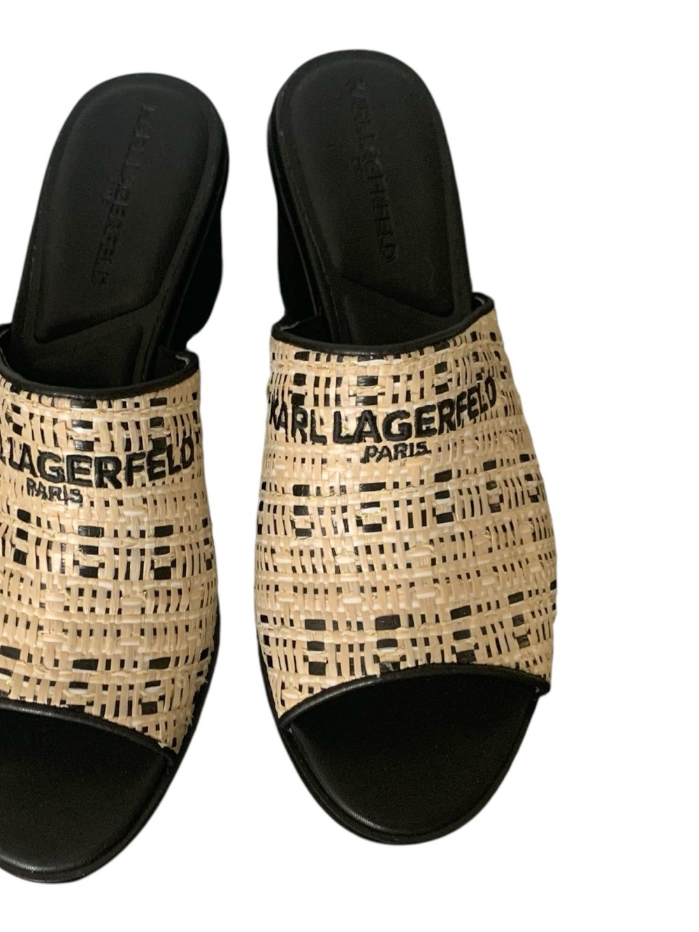 Karl Lagerfeld Beige Woven Slide Mules with Black Trim NWOT